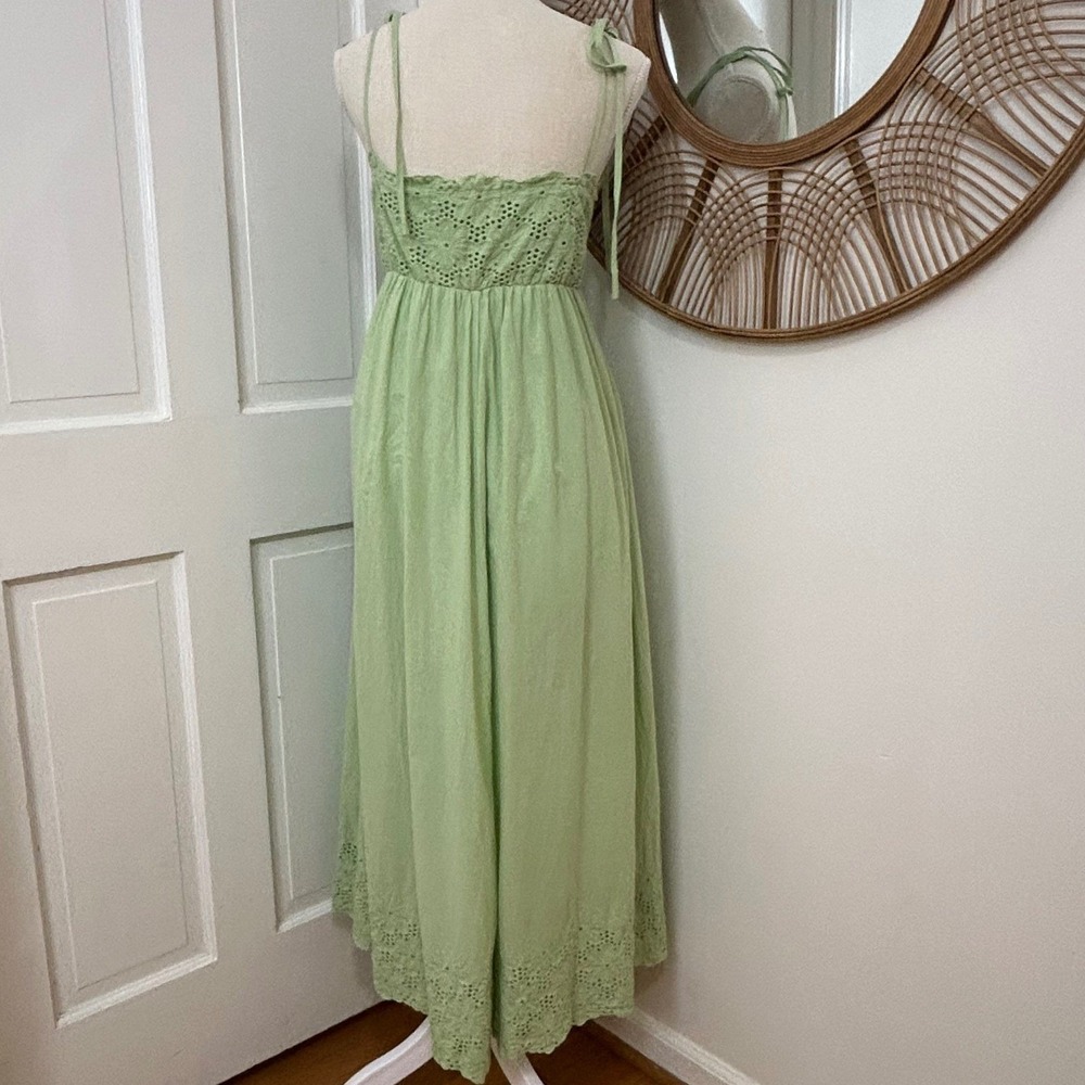 MABLE Maxi Dress Sz S Green Eyelet Boho Tie Shoulder Cottagecore Resort Festival - Picture 3 of 6